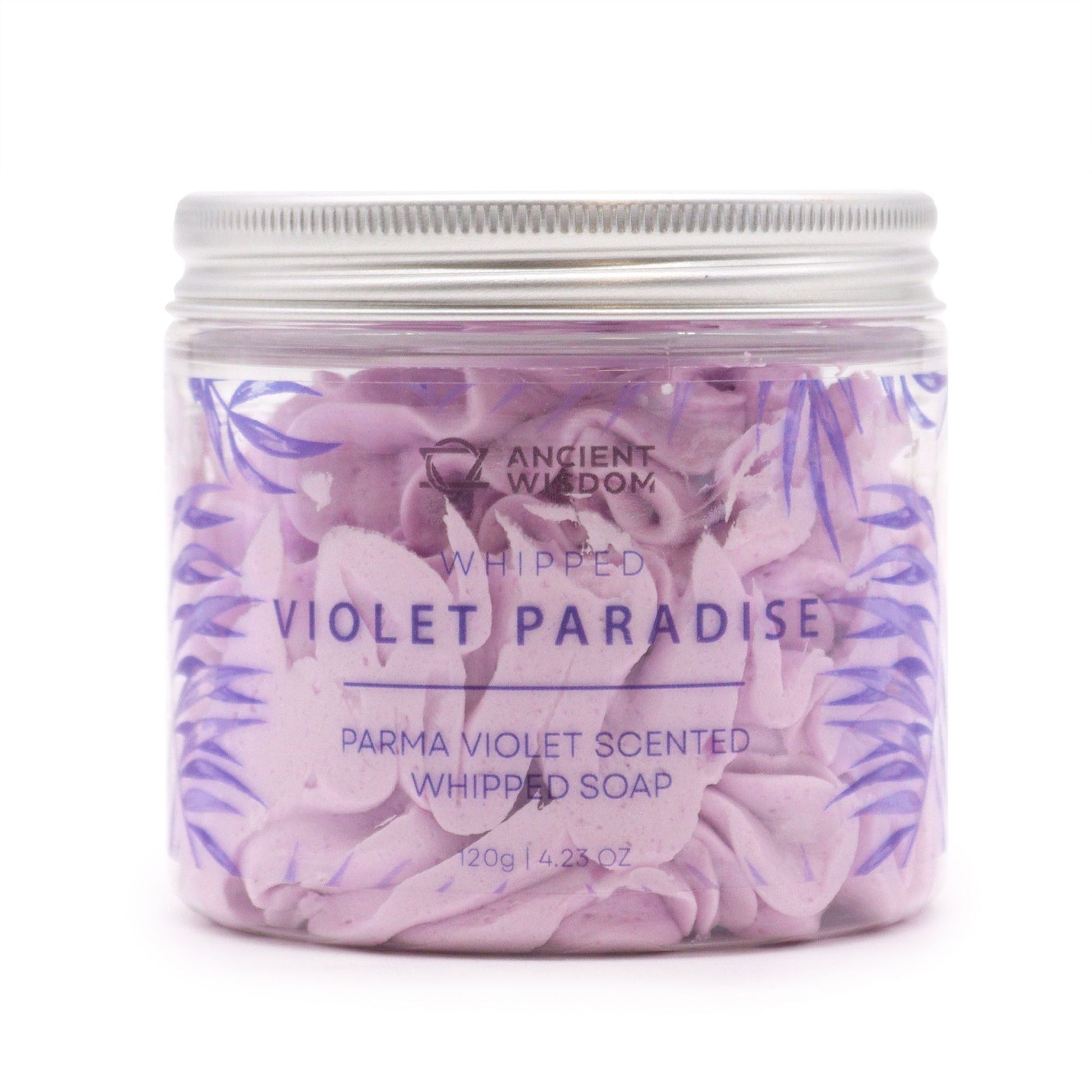 Parma Violet Scented Whipped Soap 120g in clear jar, Violet Paradise, cruelty-free and vegan