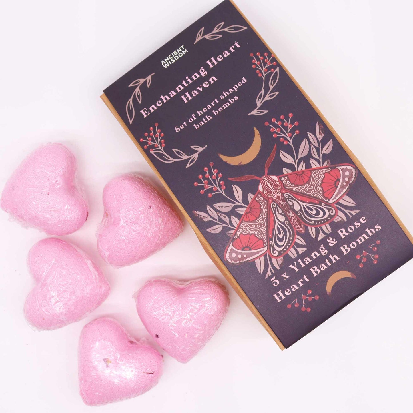 Enchanting Heart Heaven Bath Heart Gift Set by Ancient Wisdom: box with pink heart-shaped Ylang & Rose bath bombs