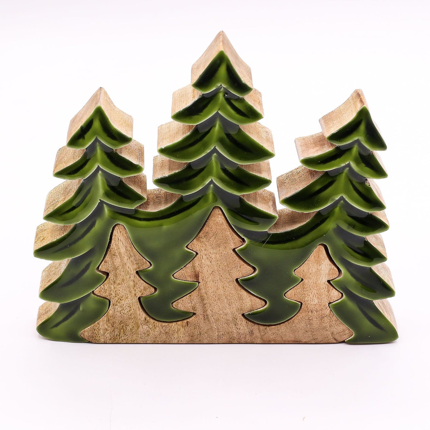 Three 3D wooden forest trees decoration, 20x23cm, handcrafted in India.