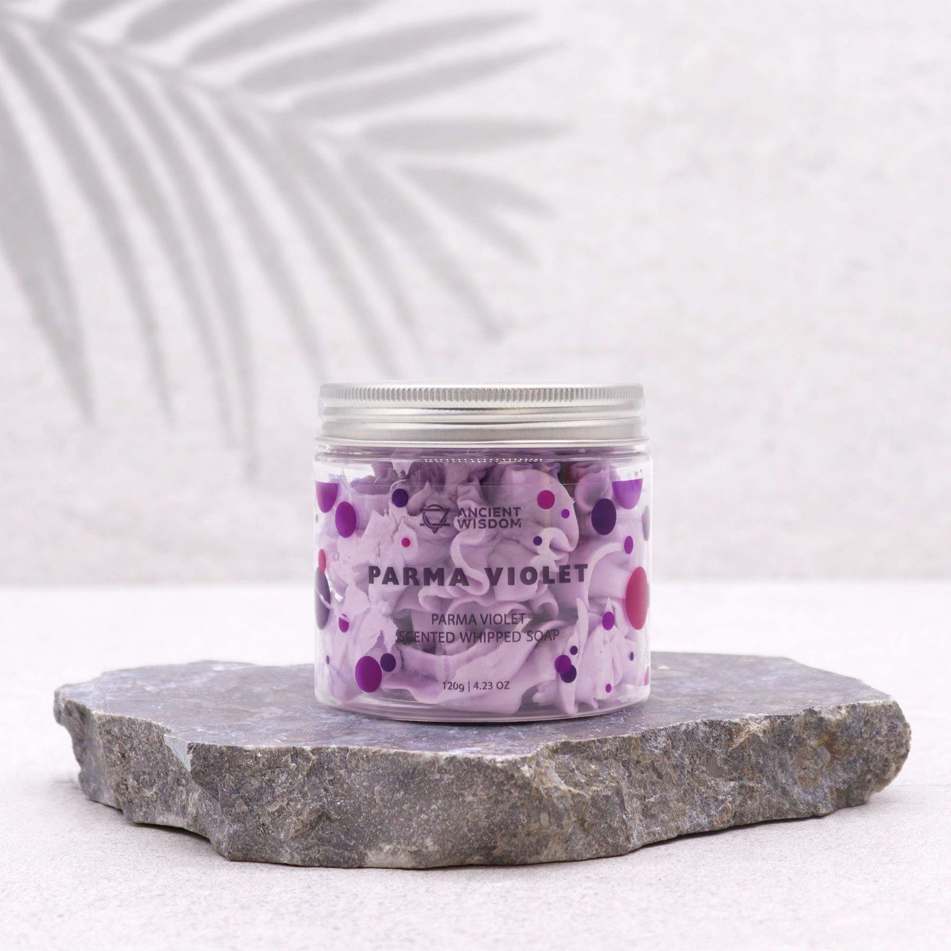 Parma Violet Scented Whipped Soap in a clear jar with purple confetti, 120 g.