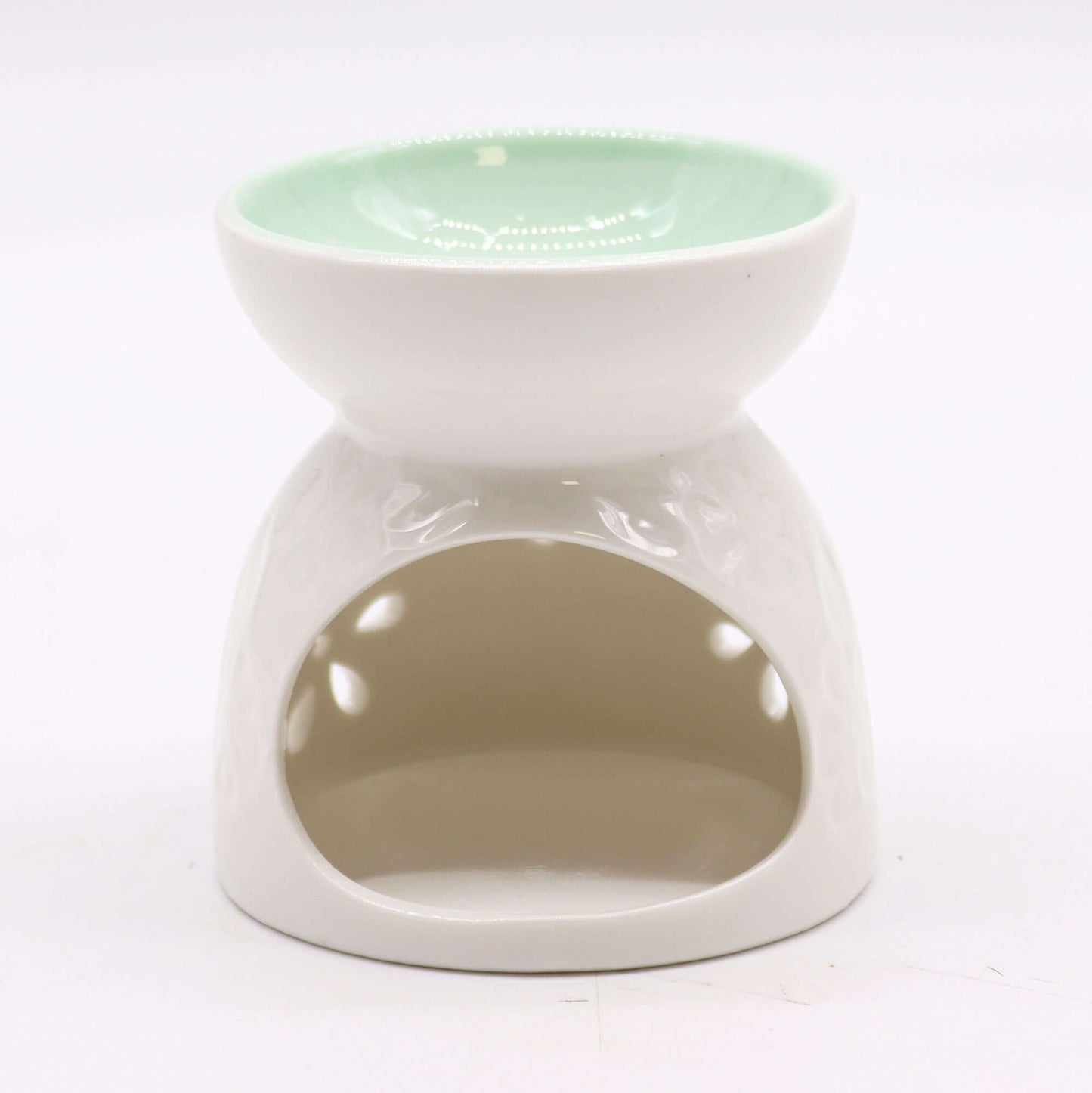 Classic White Oil Burner - Floral with Teal Well ceramic oil burner, white body with floral cutouts and teal bowl
