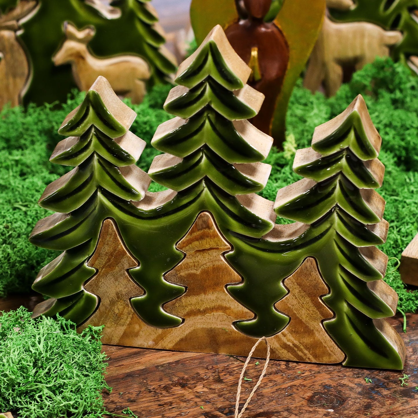 Three layered evergreen trees on a natural wood base, Lost in the Forrest 3D Wooden Decoration, 20x23cm, India.