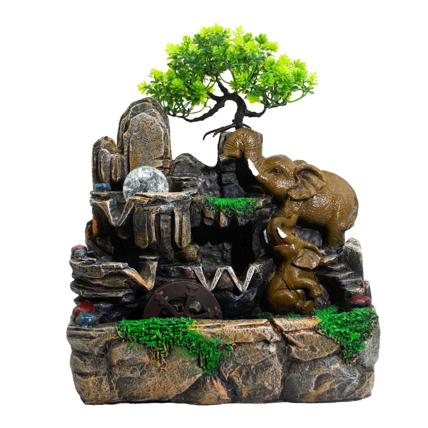 Tabletop Water Feature Elephants Crystal Ball Watermill Indoor Fountain Light