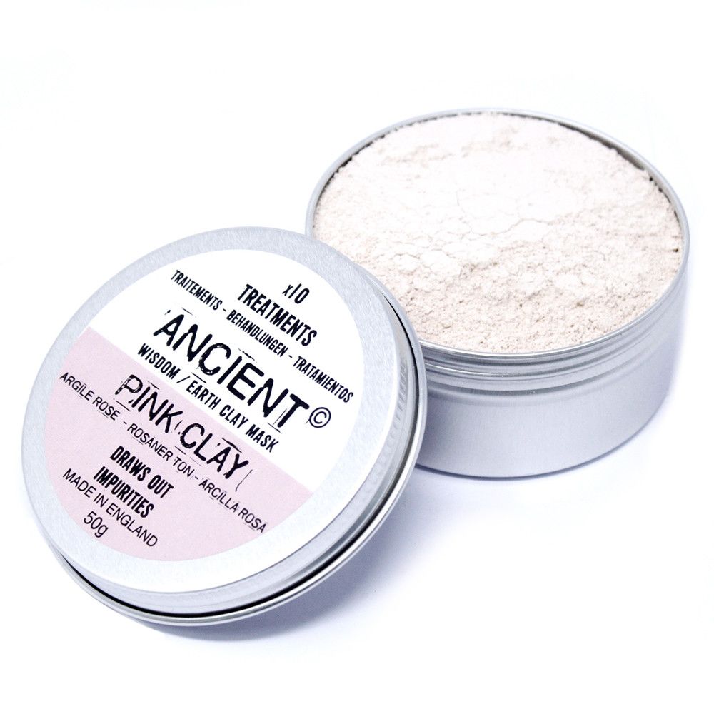Ancient Wisdom Pink Clay Face Mask 50g - pink kaolin clay mask in a metal tin.