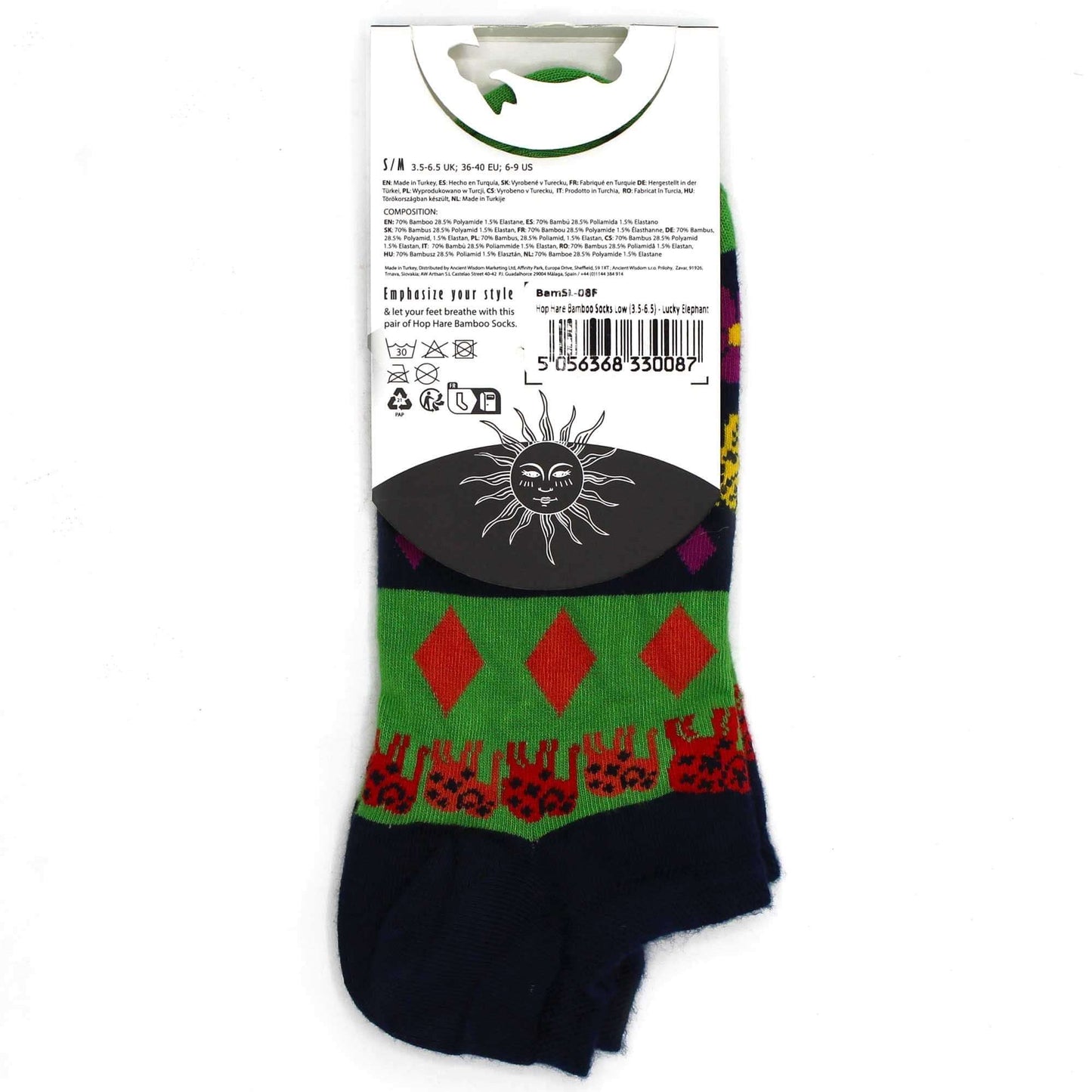 S/M Hop Hare Bamboo Socks Low (3.5-6.5) - Lucky Elephant packaging showing colorful design and size details.