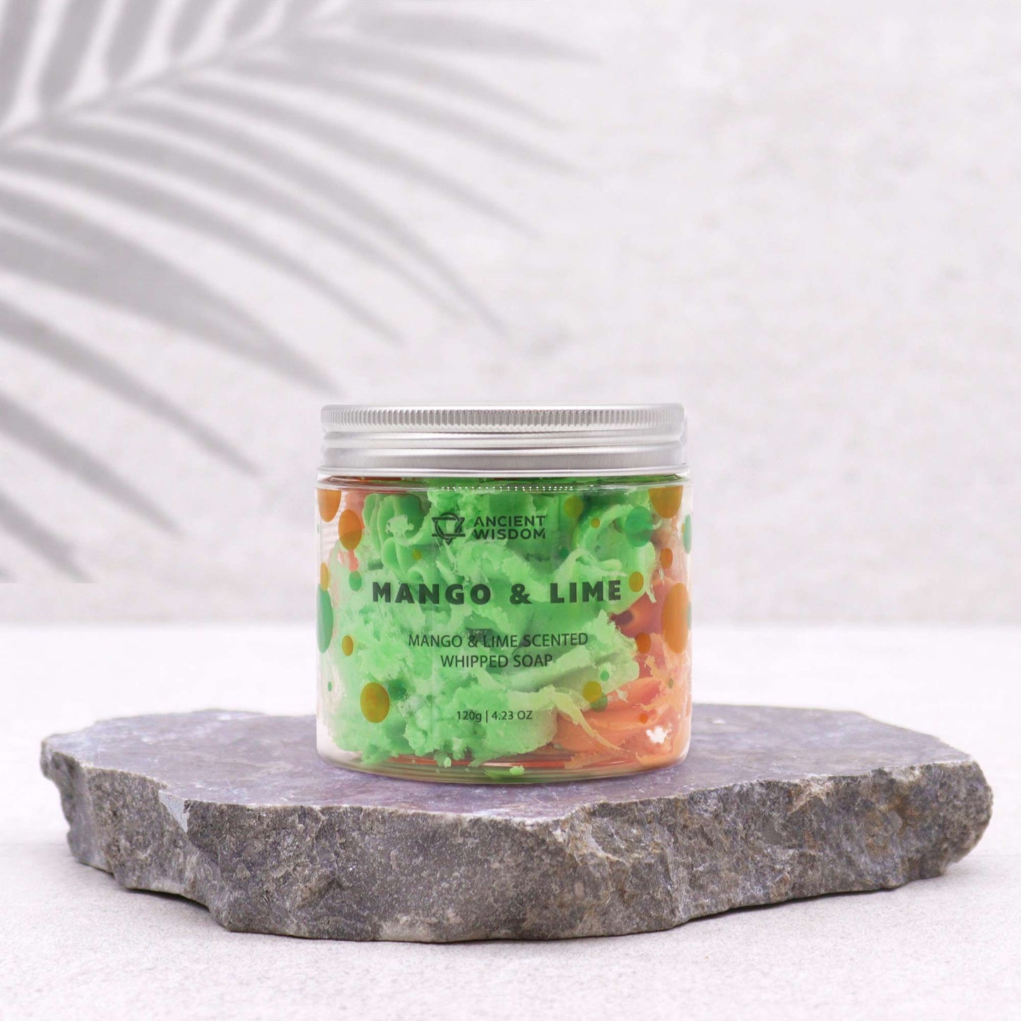 Mango & Lime Whipped Soap 120g in a silver-lidded jar with green and orange swirls; vegan, cruelty-free.
