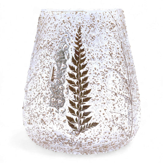 Natural Floral Glass Large Bowl Candle Holder Pino Recycled Fern Leaf Pattern with delicate fern design.
