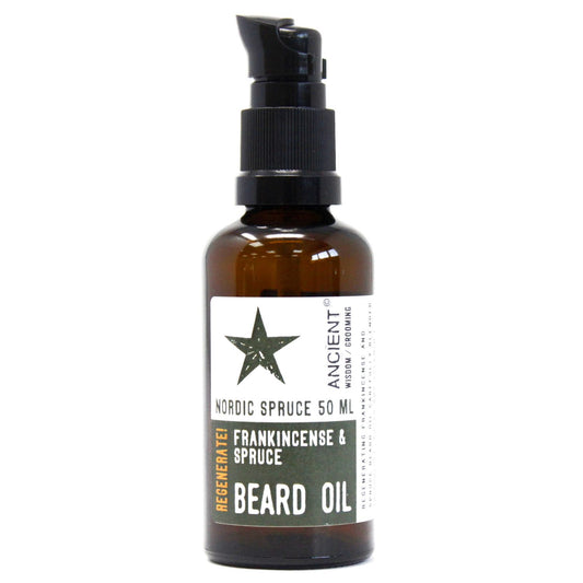Ancient Wisdom Nordic Spruce beard oil, 50 ml, frankincense and spruce, pump bottle.