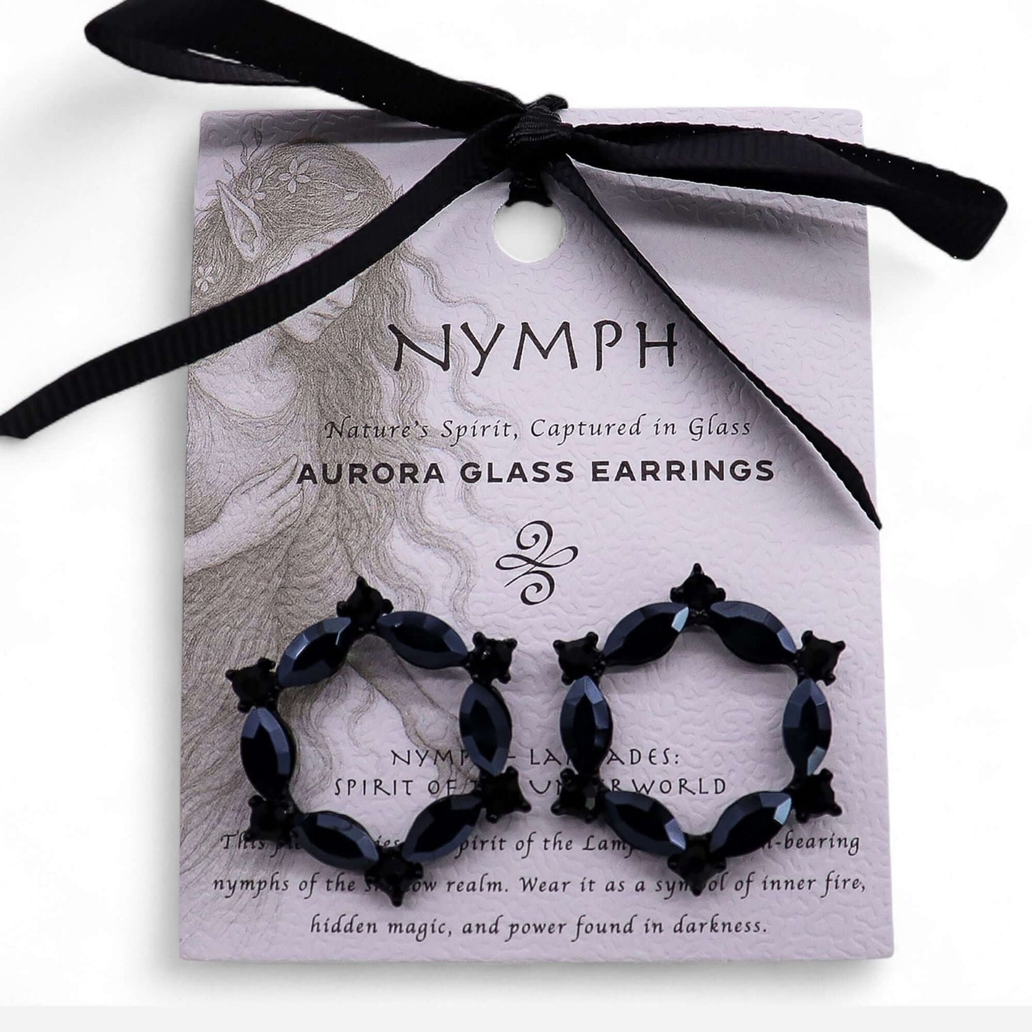 Jet Black Vintage Glass Loop Earrings by Nymph Aurora on a stylish display card with elegant ribbon.