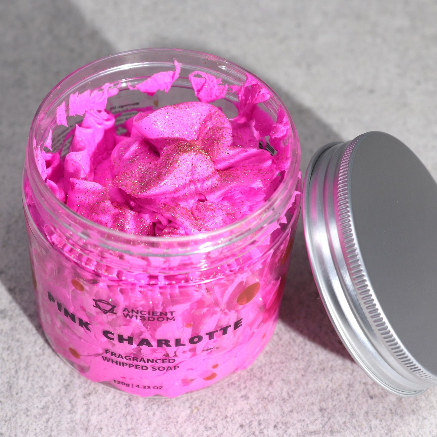 Pink Charlotte fragranced whipped soap, 120g, with rose-petal swirls in a clear jar.