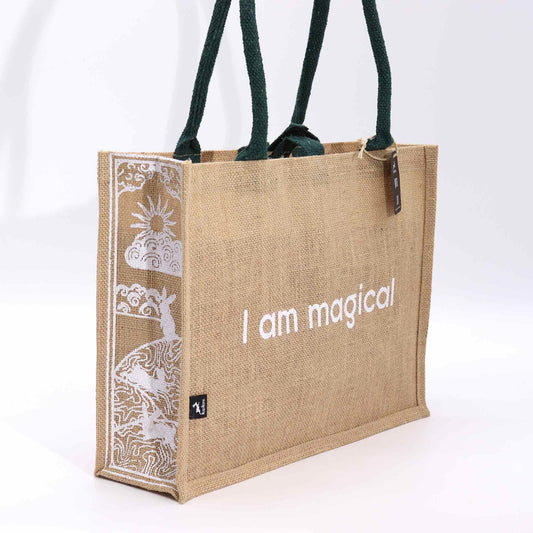 Hop Hare Jute Big Bag - I am Magical natural jute tote with green handles and white mystical hare print — Hop Hare