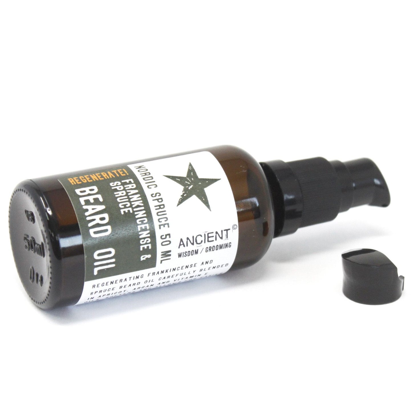 Nordic Spruce beard oil bottle with pump, brown glass, cap off; label shows Beard Oil and Nordic Spruce.