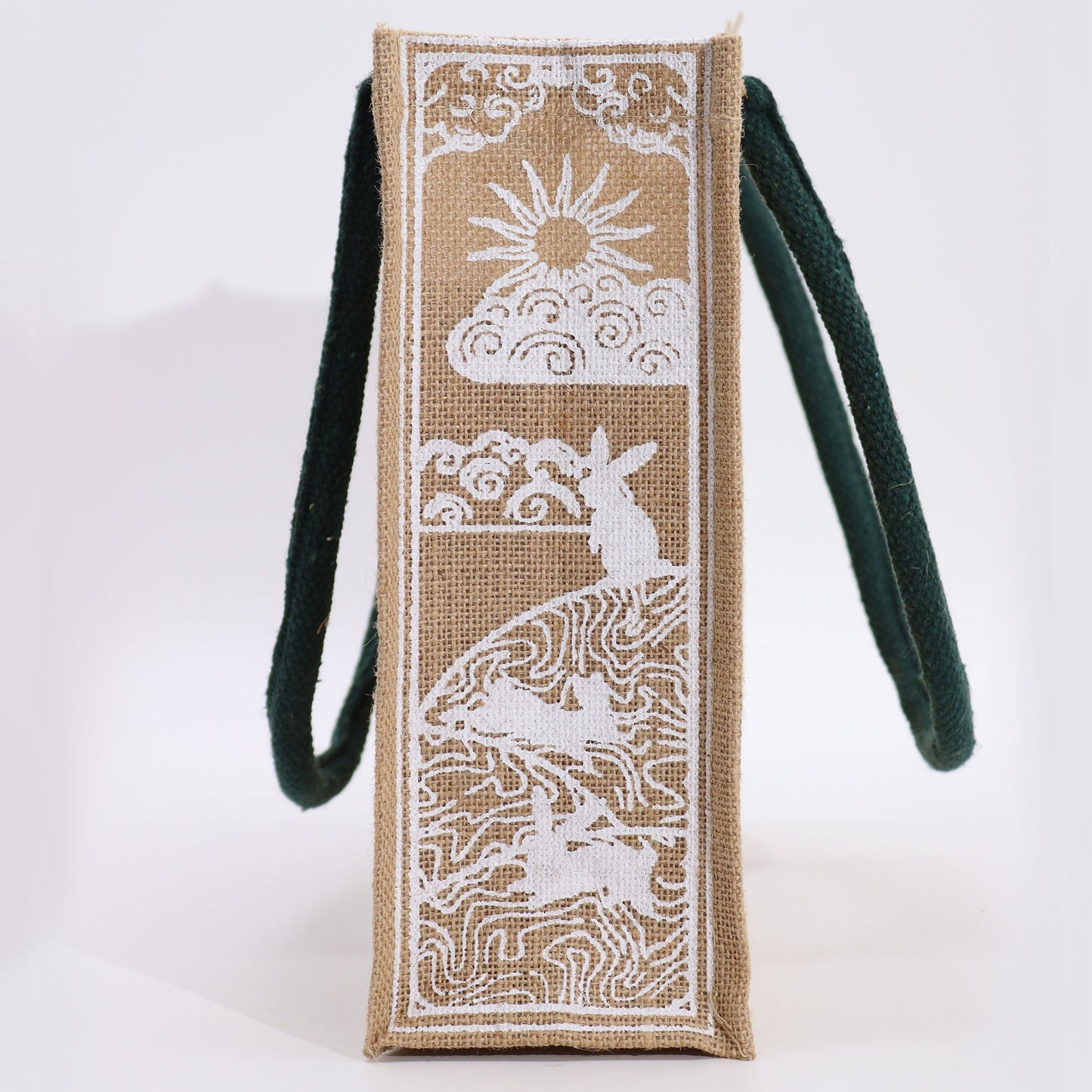 Hop Hare Jute Big Bag - I am Magical: jute tote with white mystical hare and sun print, green handles, eco-conscious design