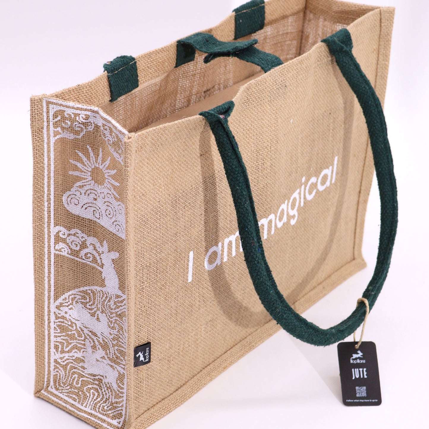 Hop Hare Jute Big Bag - I am Magical jute tote with green handles and white mystical hare design, Hop Hare