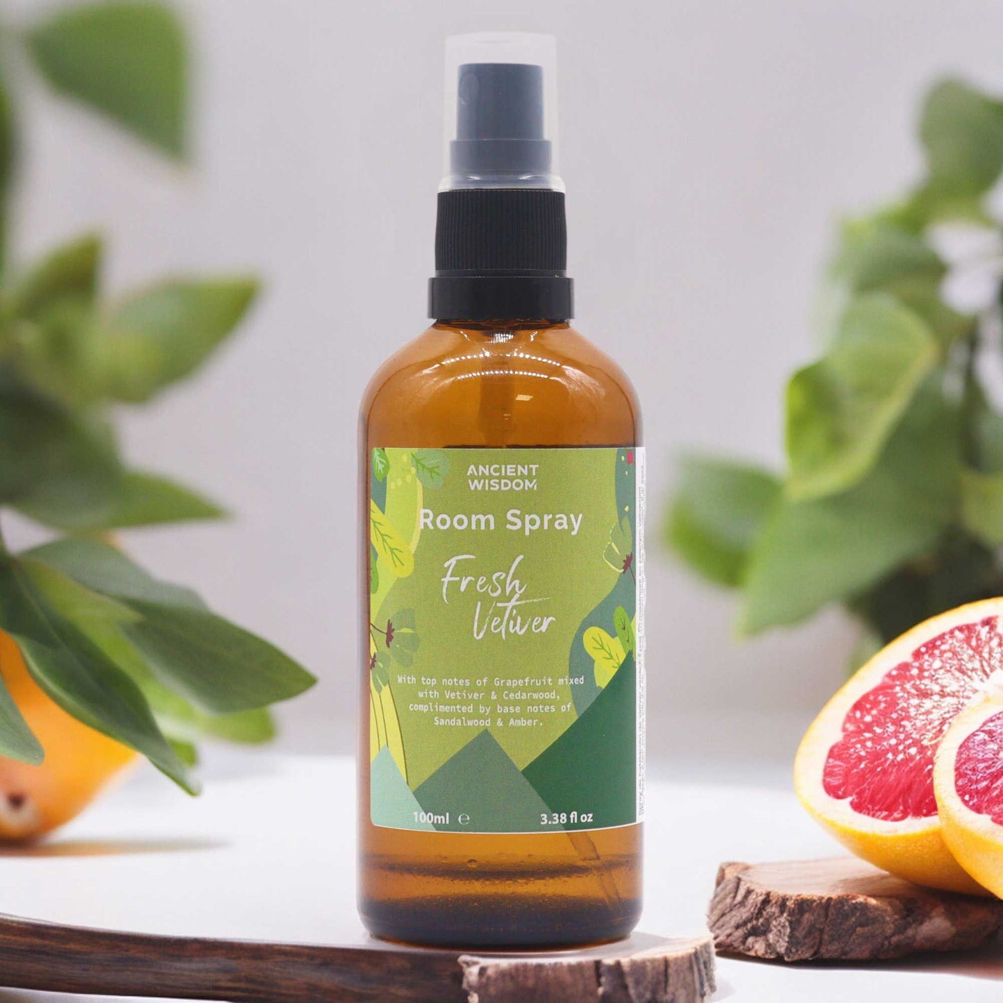 Ancient Wisdom Summer Room Spray - Fresh Vetiver 100ml amber bottle with citrus and vetiver accents