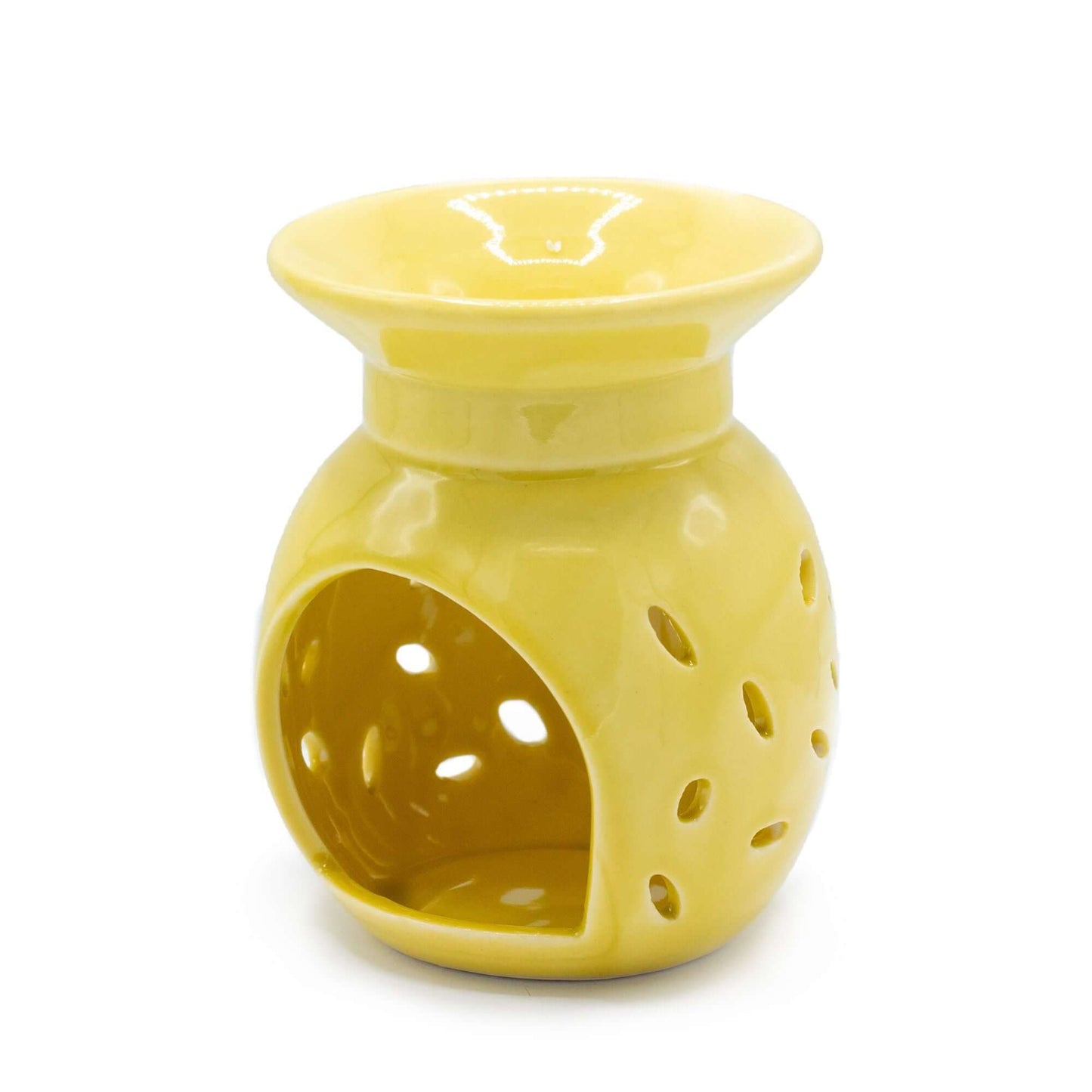 Floral Oil Burner - Yellow ceramic aromatherapy burner with floral cutouts