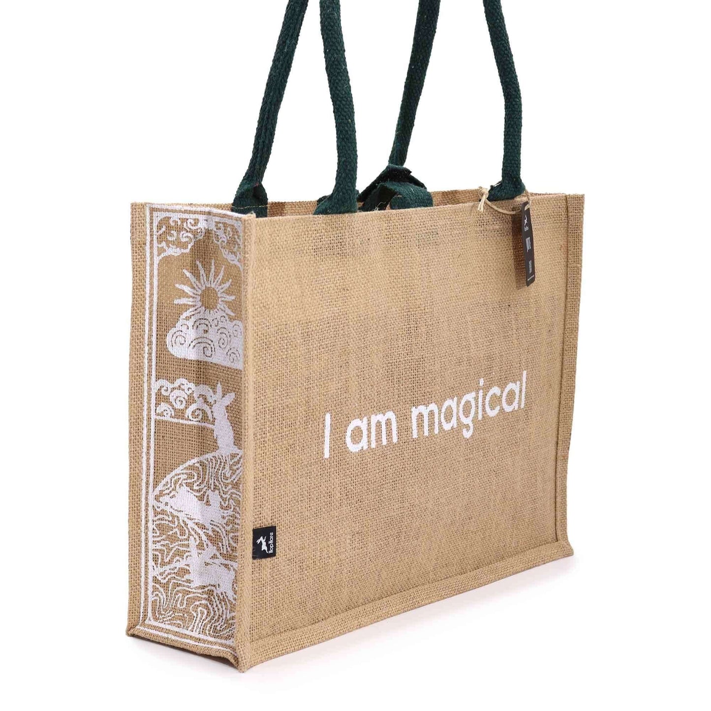 Hop Hare Jute Big Bag - I am Magical jute tote with mystical hare print and green handles, eco-friendly