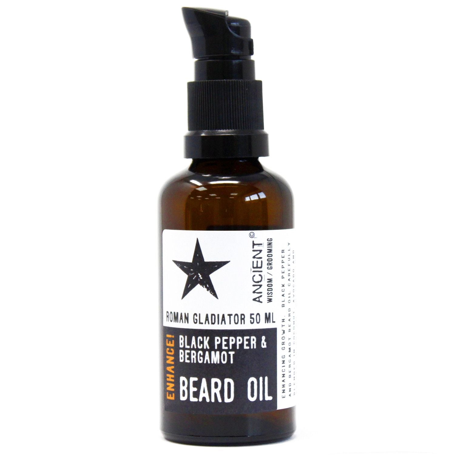 Roman Gladiator 50ml Beard Oil by Enhance! Black pepper and bergamot with apricot, argan, vitamin E.