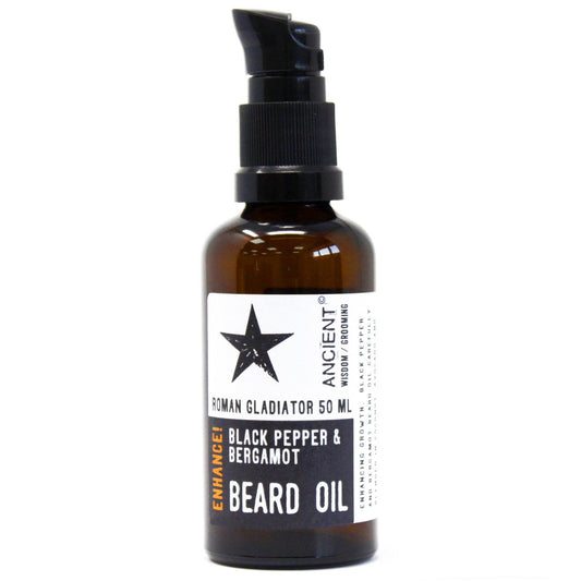 Roman Gladiator 50ml Beard Oil by Enhance! Black pepper and bergamot with apricot, argan, vitamin E.