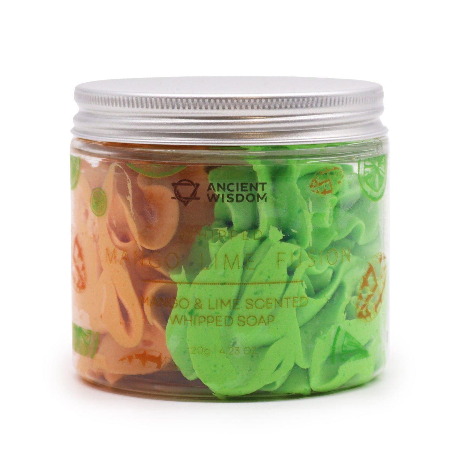 Mango & Lime Whipped Soap 120g jar with green and orange whipped soap, Ancient Wisdom branding.