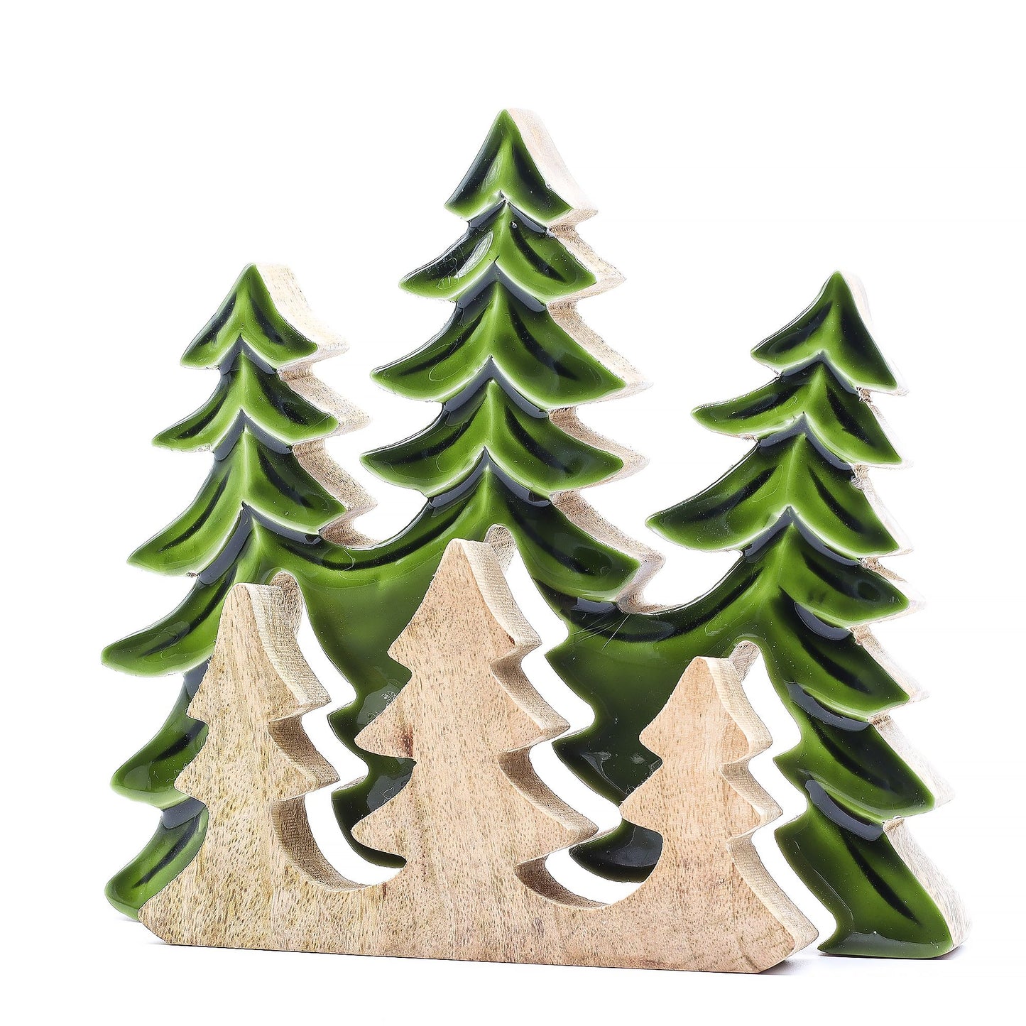 Lost in the Forrest: Three Trees 3D wooden decoration on natural wood base, 20x23cm, handcrafted in India.