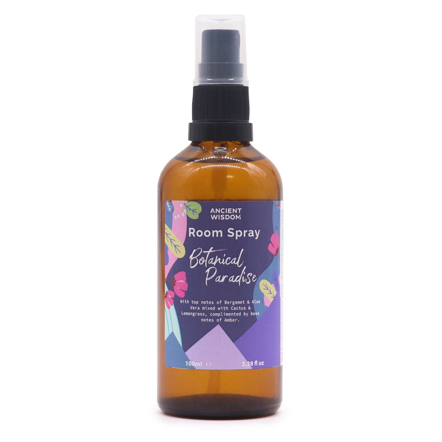Summer Room Spray - Botanical Paradise 100ml by Ancient Wisdom, amber spray bottle with purple floral label