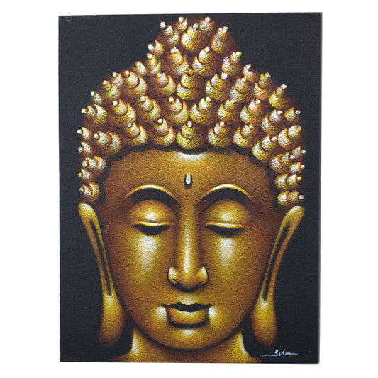 Buddha Painting - Gold Sand Finish: Golden Buddha canvas by Balinese artisans for elegant home decor.