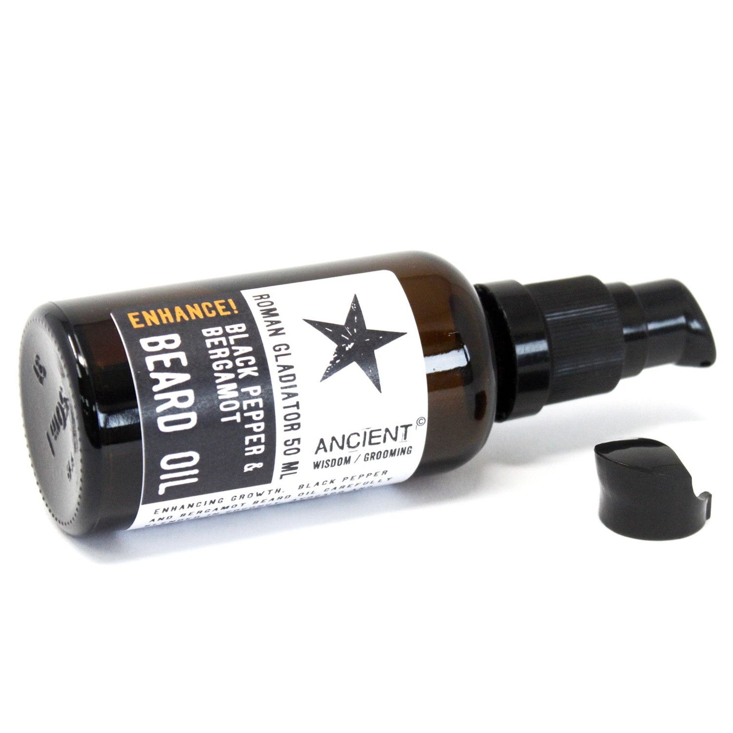 50ml Beard Oil bottle, Roman Gladiator - Enhance!, Black Pepper & Bergamot with Apricot and Argan Oils.
