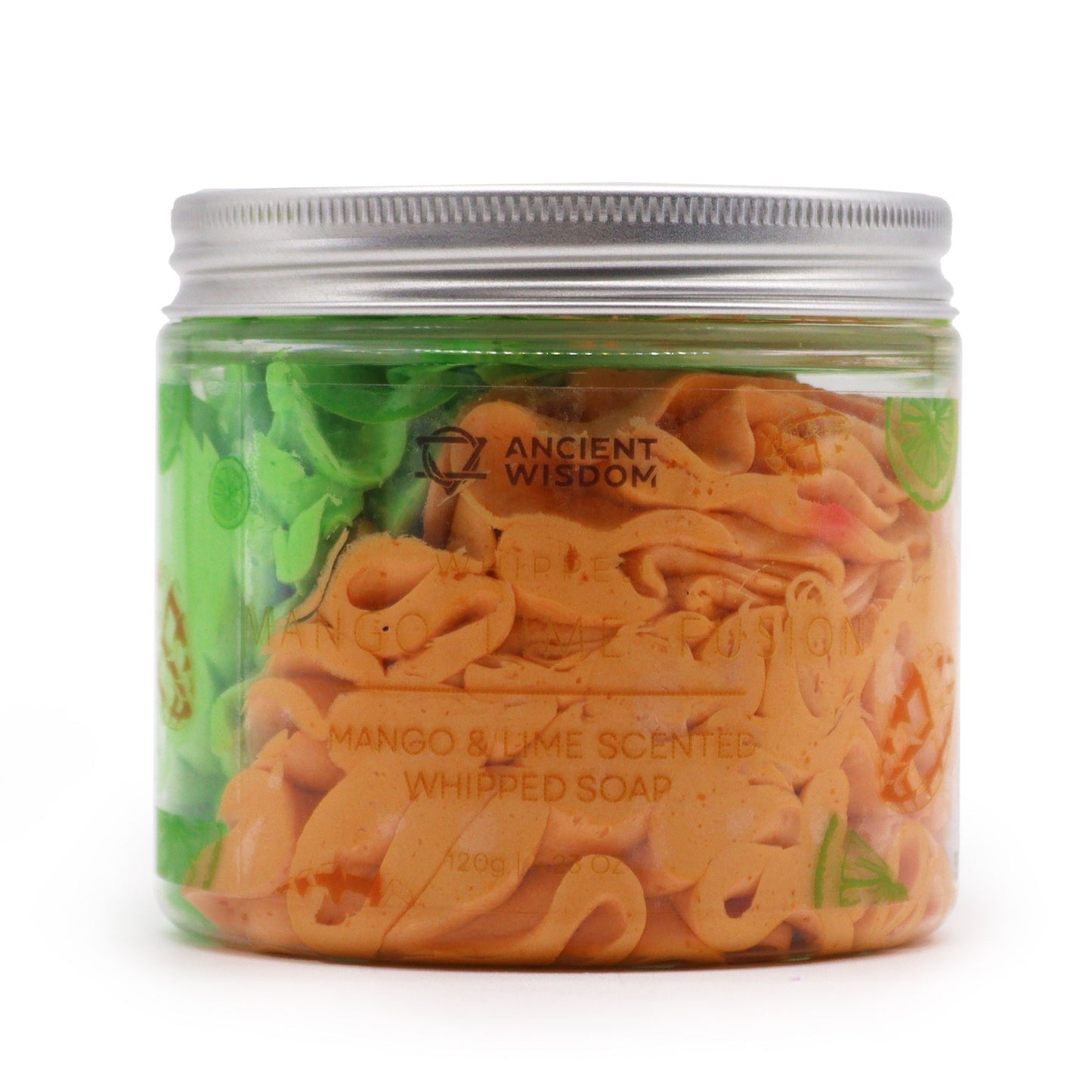 Mango & Lime Whipped Soap 120g in clear jar with green and orange swirls.