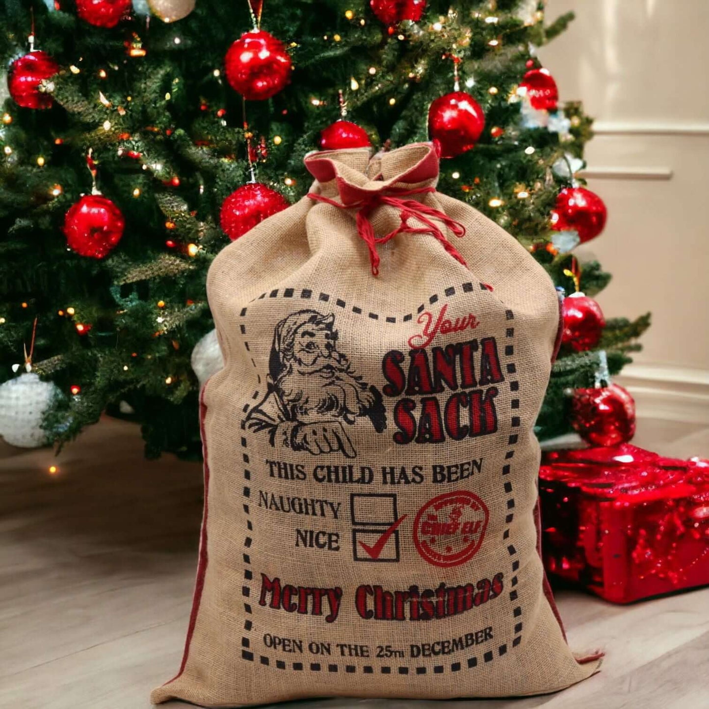 Your Santa Sack Jute Gift Bag Naughty Nice Check Box Christmas Sack displayed under a Christmas tree with red ornaments.