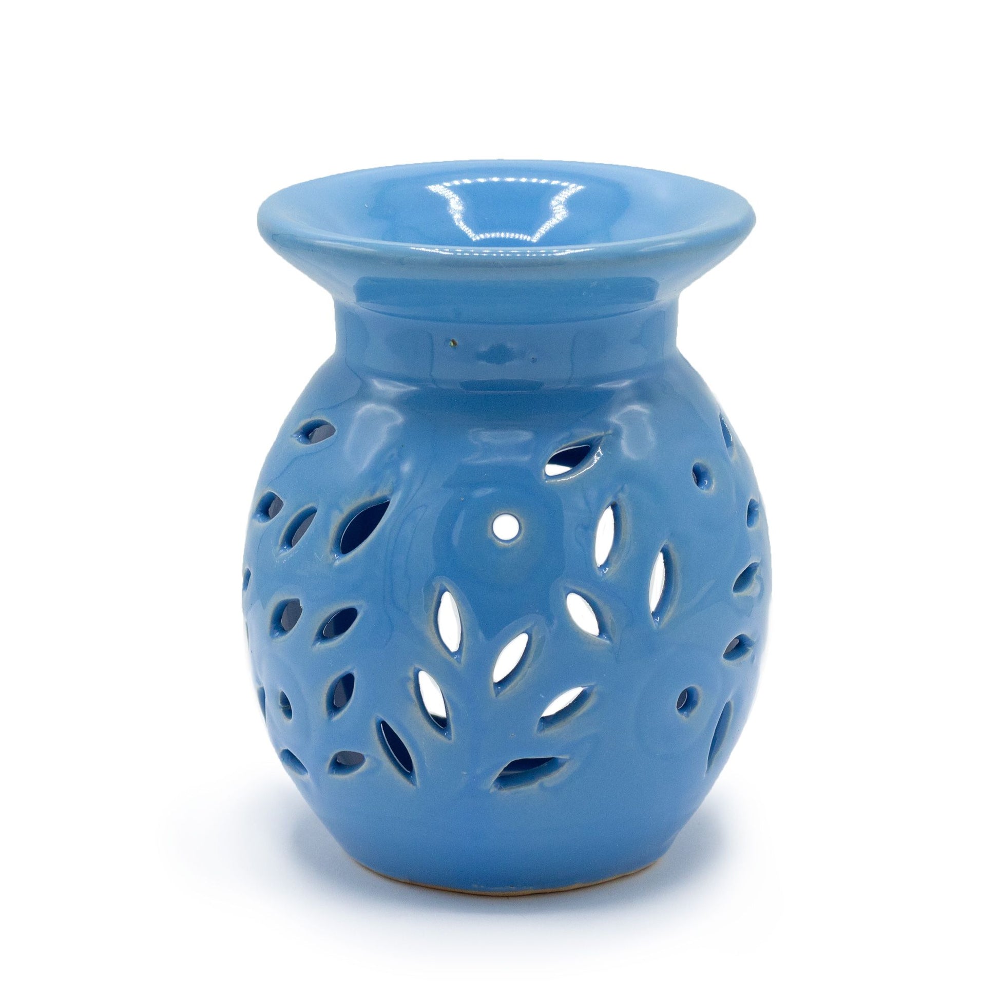 Floral Oil Burner - Blue glossy ceramic aromatherapy burner with leaf-shaped floral cutouts