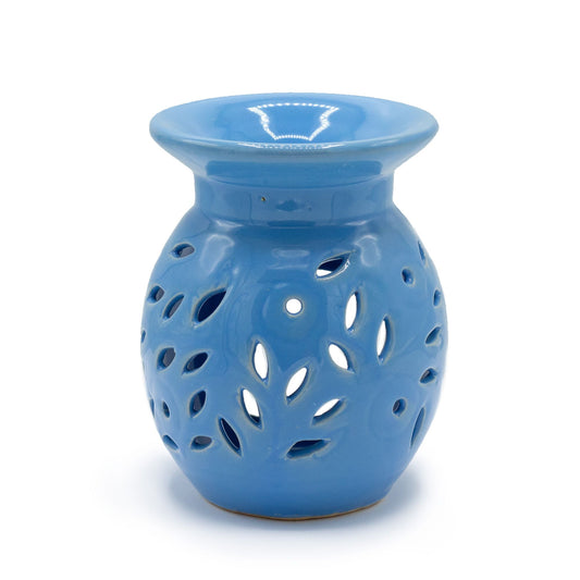 Floral Oil Burner - Blue glossy ceramic aromatherapy burner with leaf-shaped floral cutouts