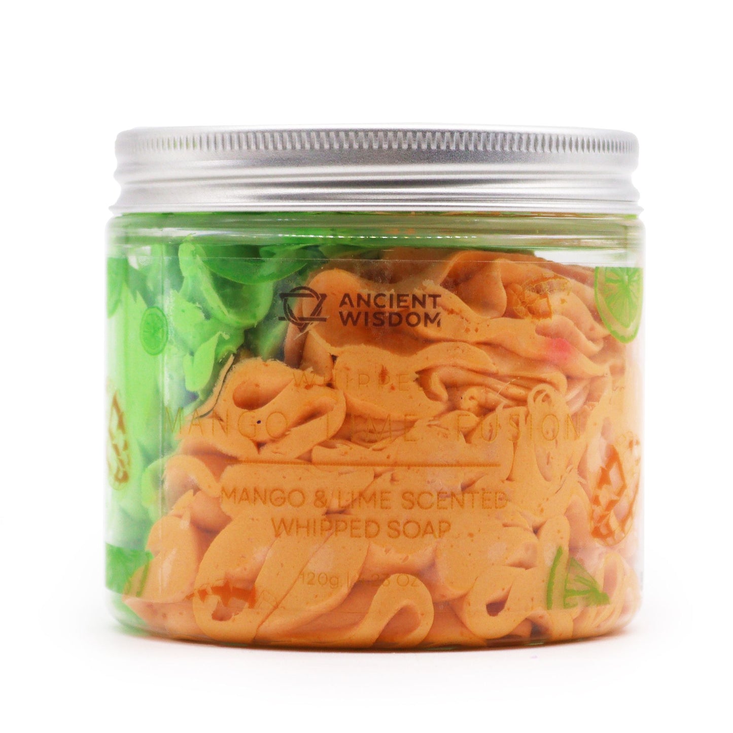Mango & Lime Whipped Soap 120g in a clear jar by Ancient Wisdom; tropical scent, vegan, cruelty-free.