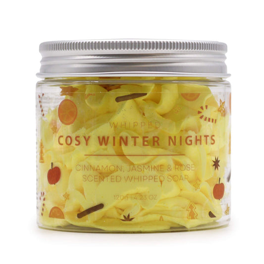Cosy Winter Nights Whipped Soap 120g in a clear jar with a silver lid and festive label.