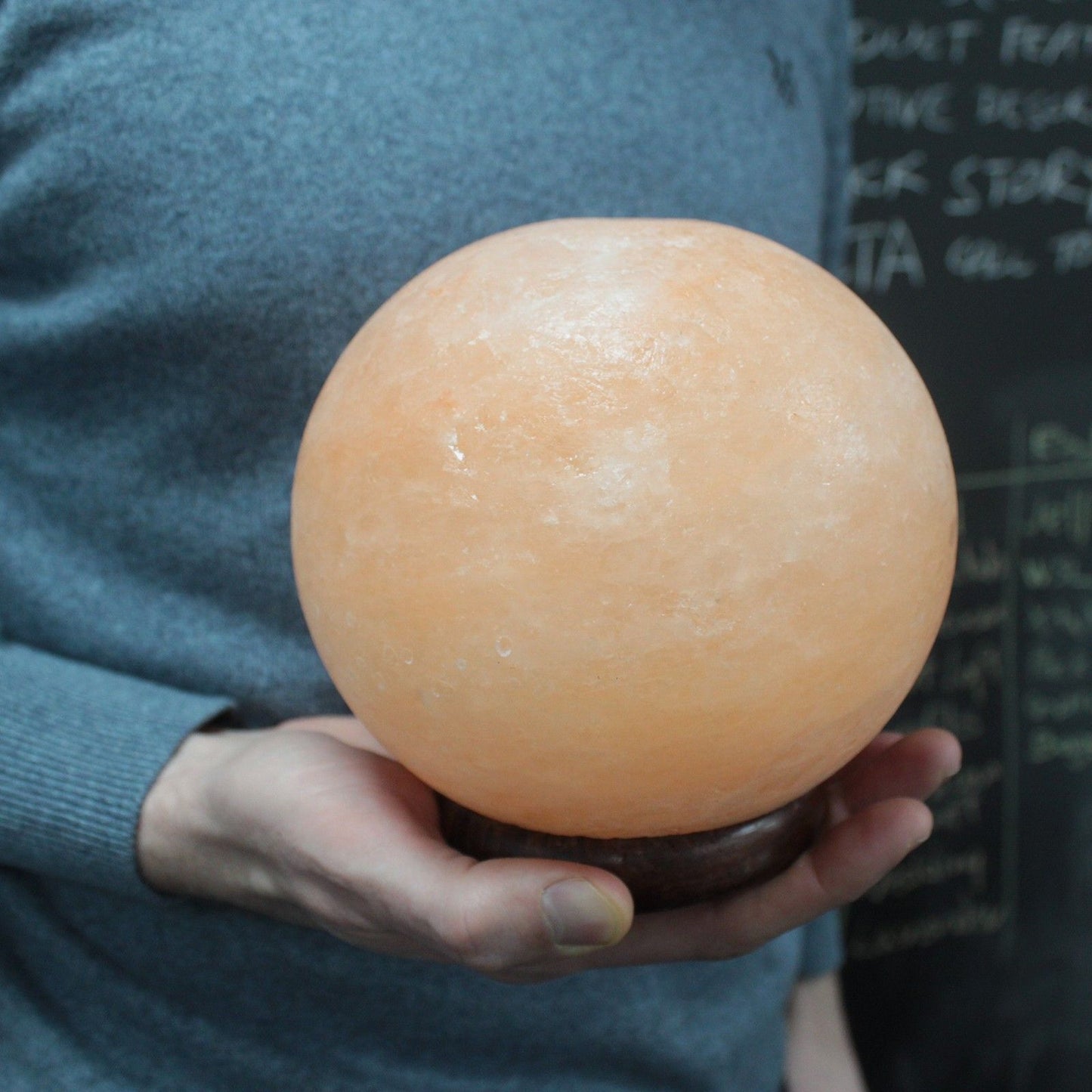 Salt Lamp Ball - Big Wooden Base, authentic Himalayan crystal lamp for ambient space.