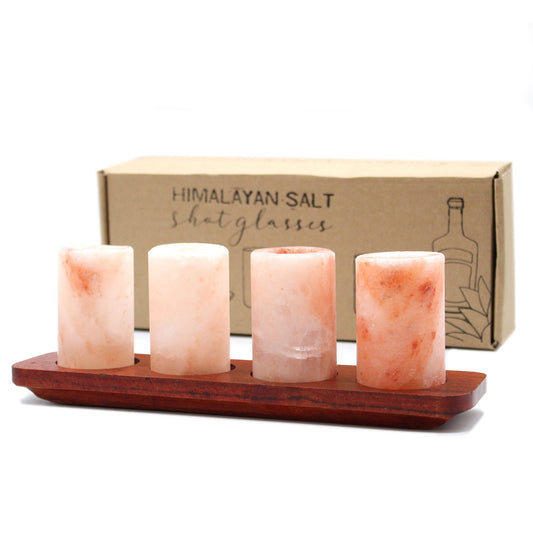 Set of 4 Himalayan Salt Shot Glasses with wood serving stand