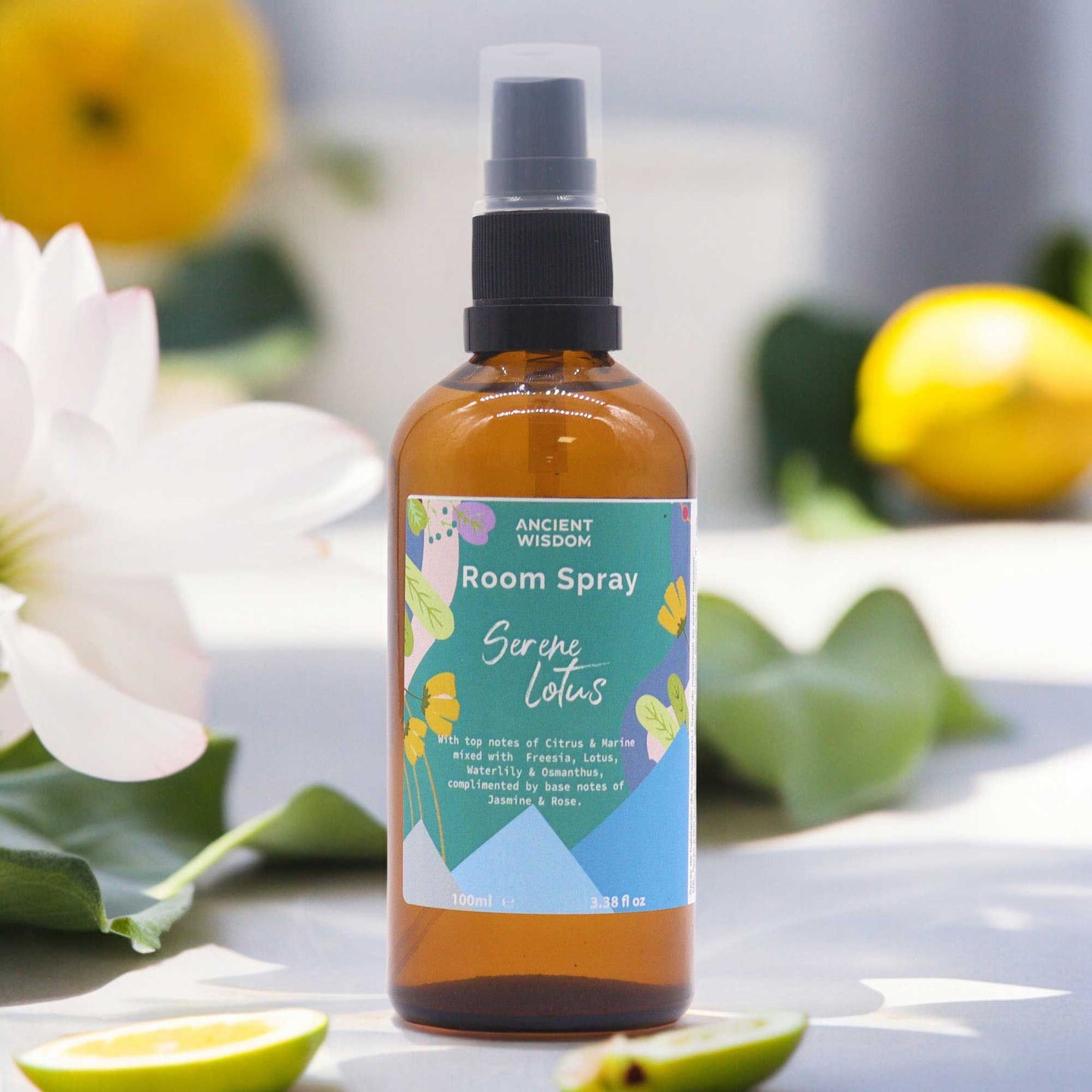 Ancient Wisdom Summer Room Spray - Serene Lotus 100ml amber spray bottle with citrus and lotus floral notes