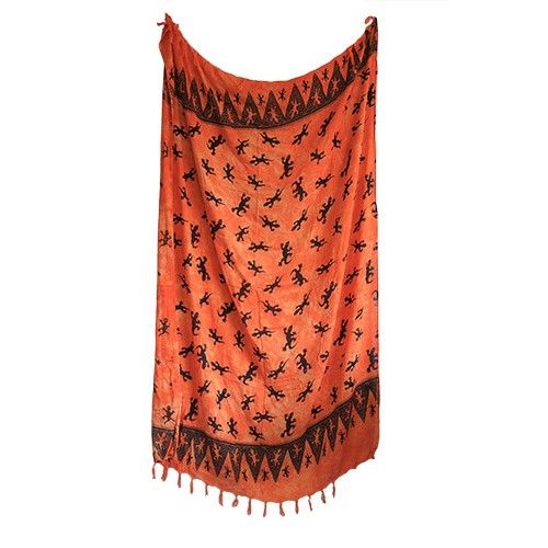 Vibrant Bali Gecko Sarongs - Orange showcasing a playful gecko pattern with elegant fringe trim for a bohemian look.
