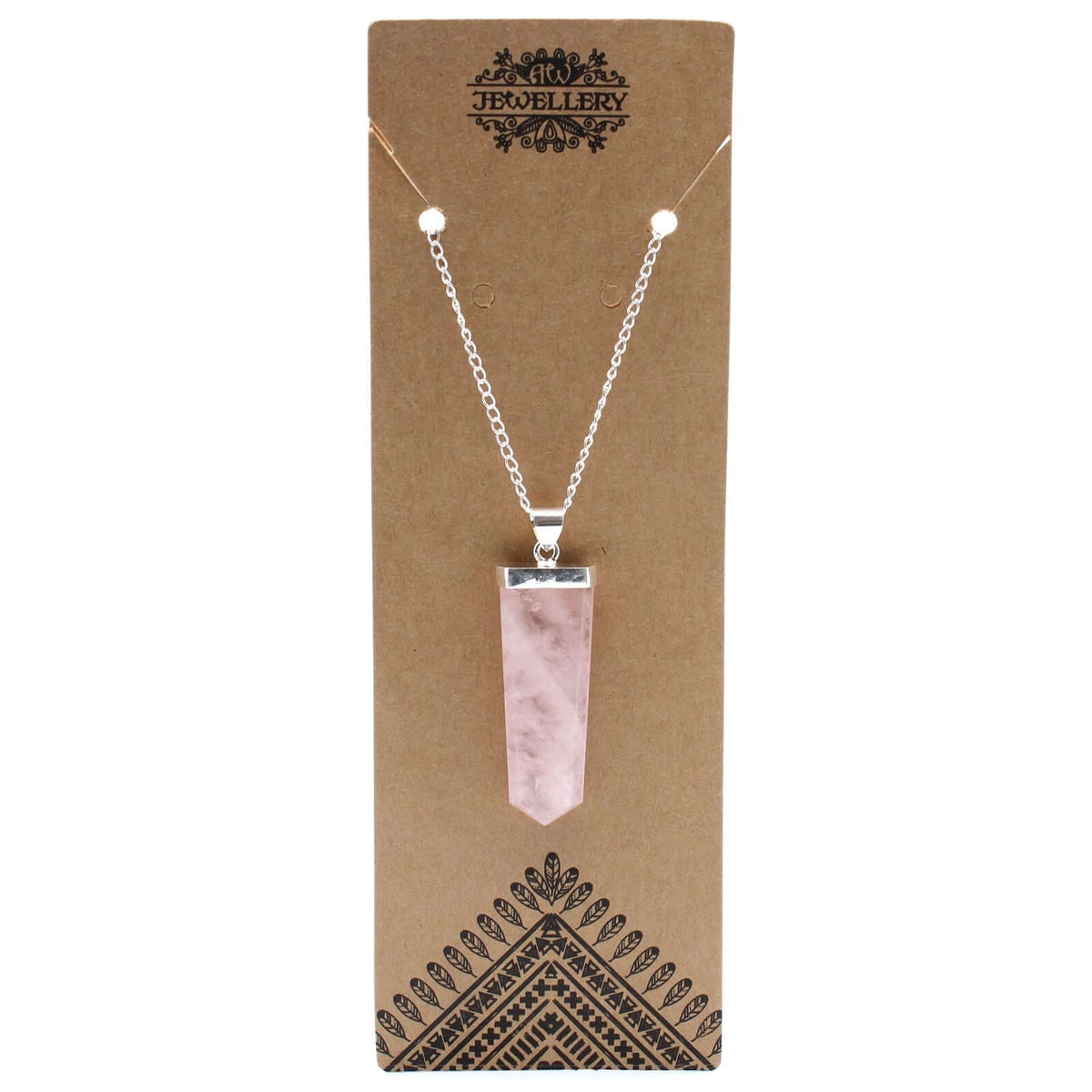 Rose Quartz Flat Pencil Pendant Necklace Gemstone Silver Plated Chain displayed on a decorative backing.