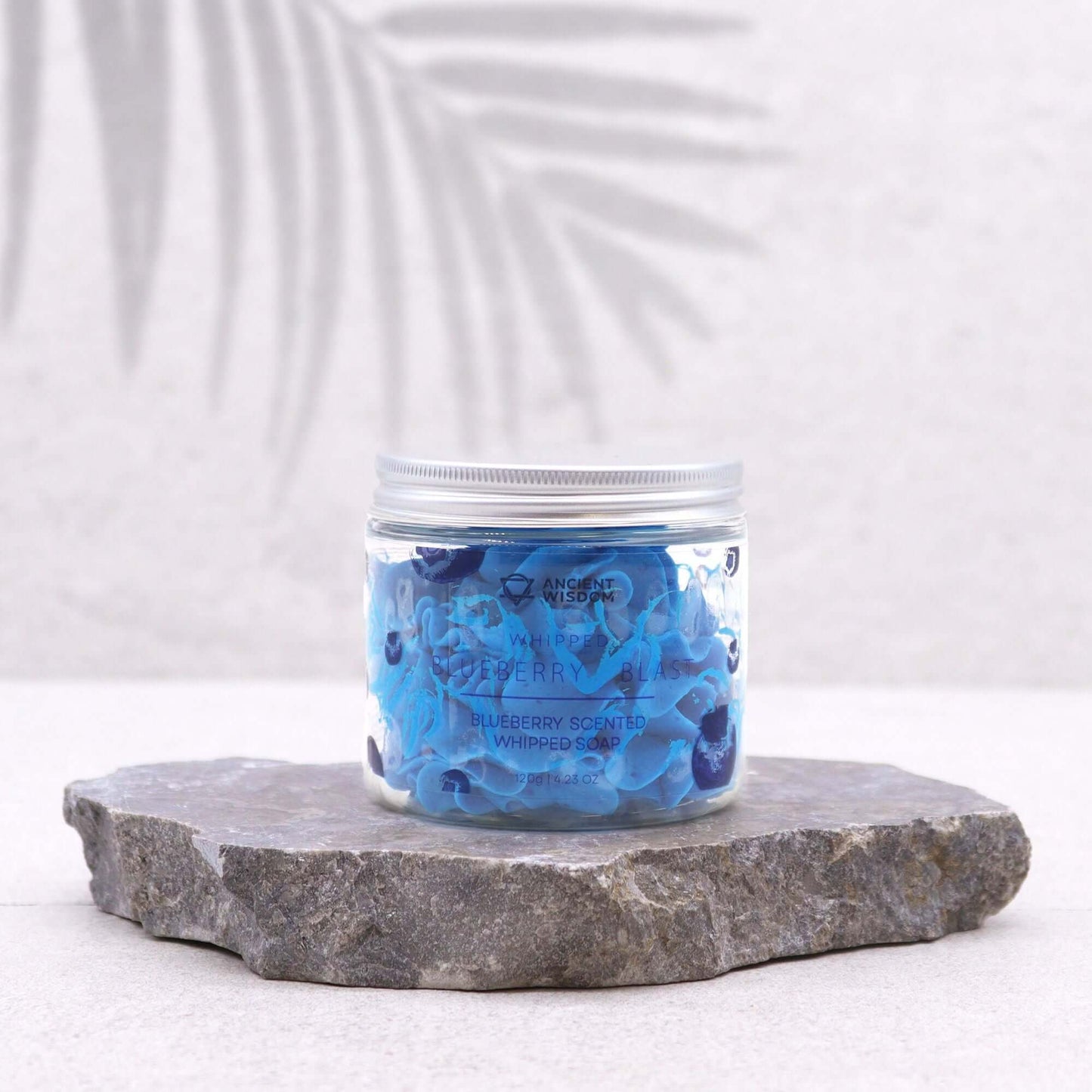 Blueberry Whipped Soap 120g in a clear jar with blue petals, vegan, cruelty-free, SLS/paraben-free.
