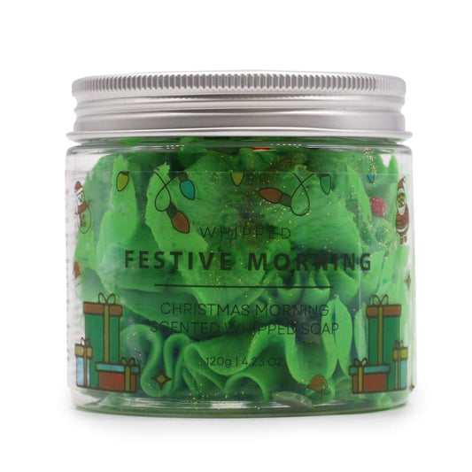 Festive Morning Whipped Soap 120g by Whipped - Christmas morning scented green jar with gifts.