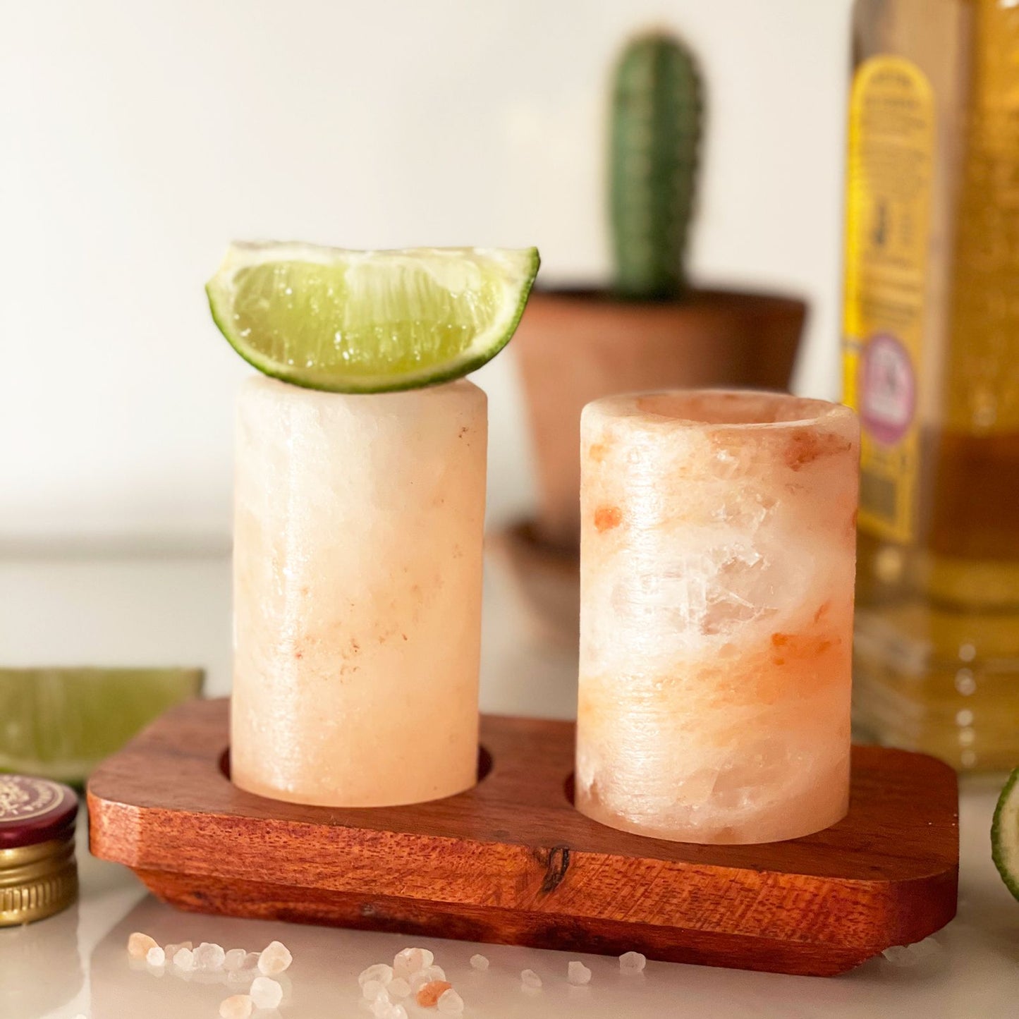 Set of 4 Himalayan Salt Shot Glasses with Wood Serving Stand