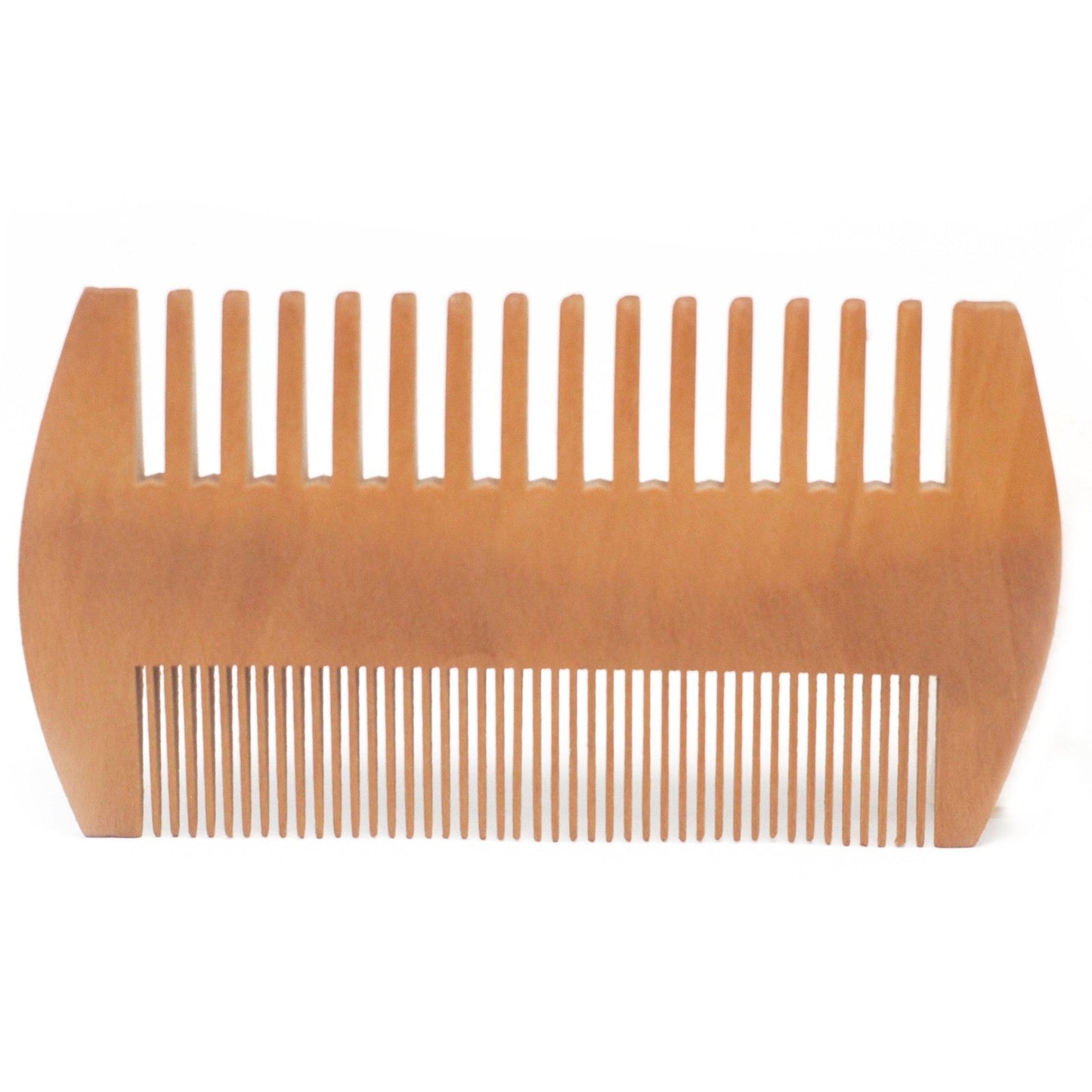 Two-sided beard comb crafted from bare wood with wide and fine teeth for precise beard grooming.