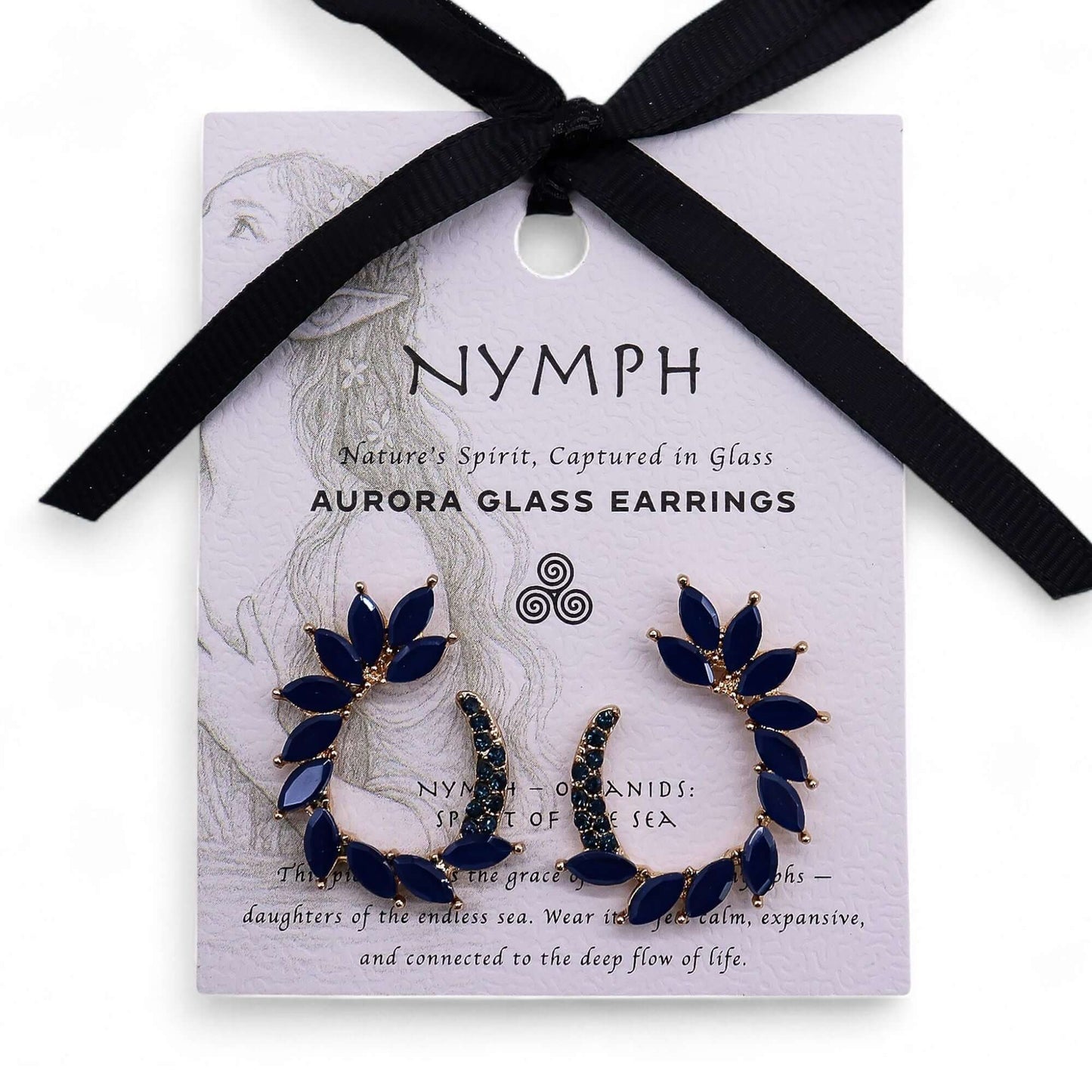 Royal Blue Vintage Glass Loop Earrings By Nymph Aurora displayed on packaging with a ribbon.