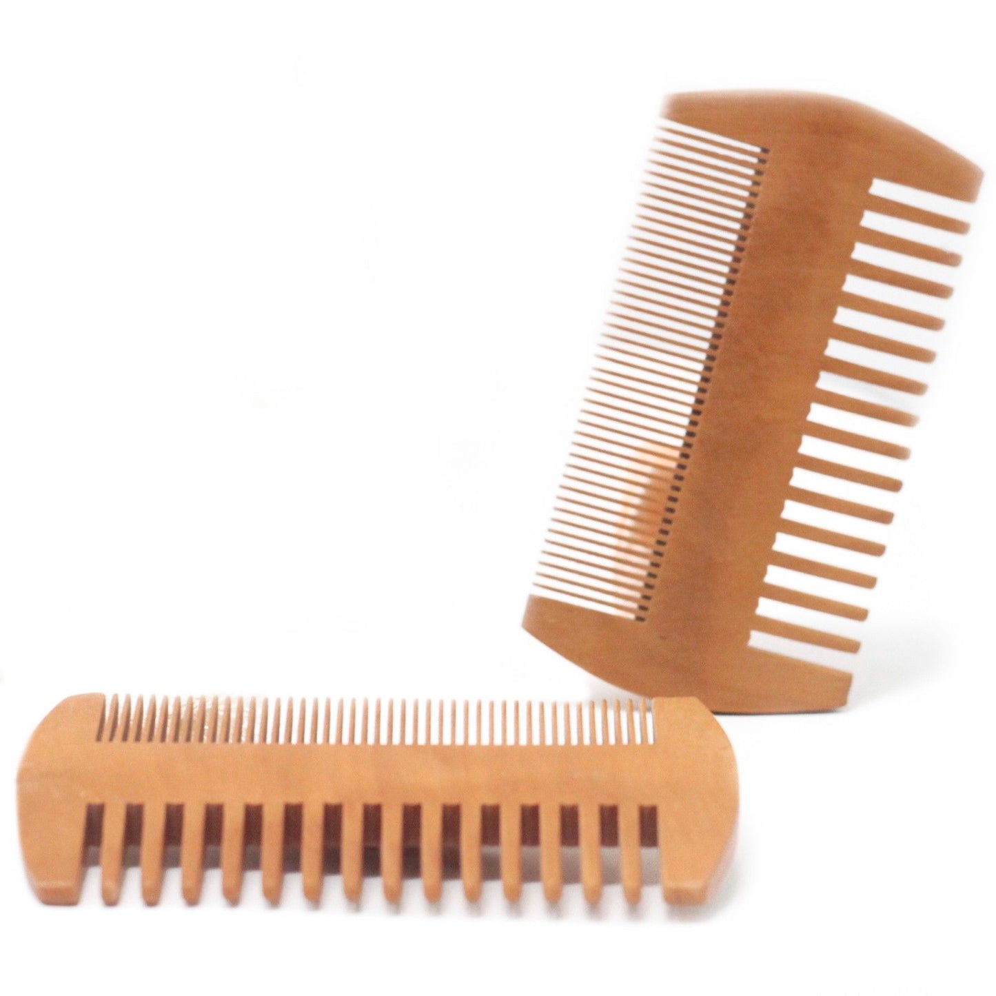 Bare wood, two-sided beard comb for precise grooming with fine and wide teeth.