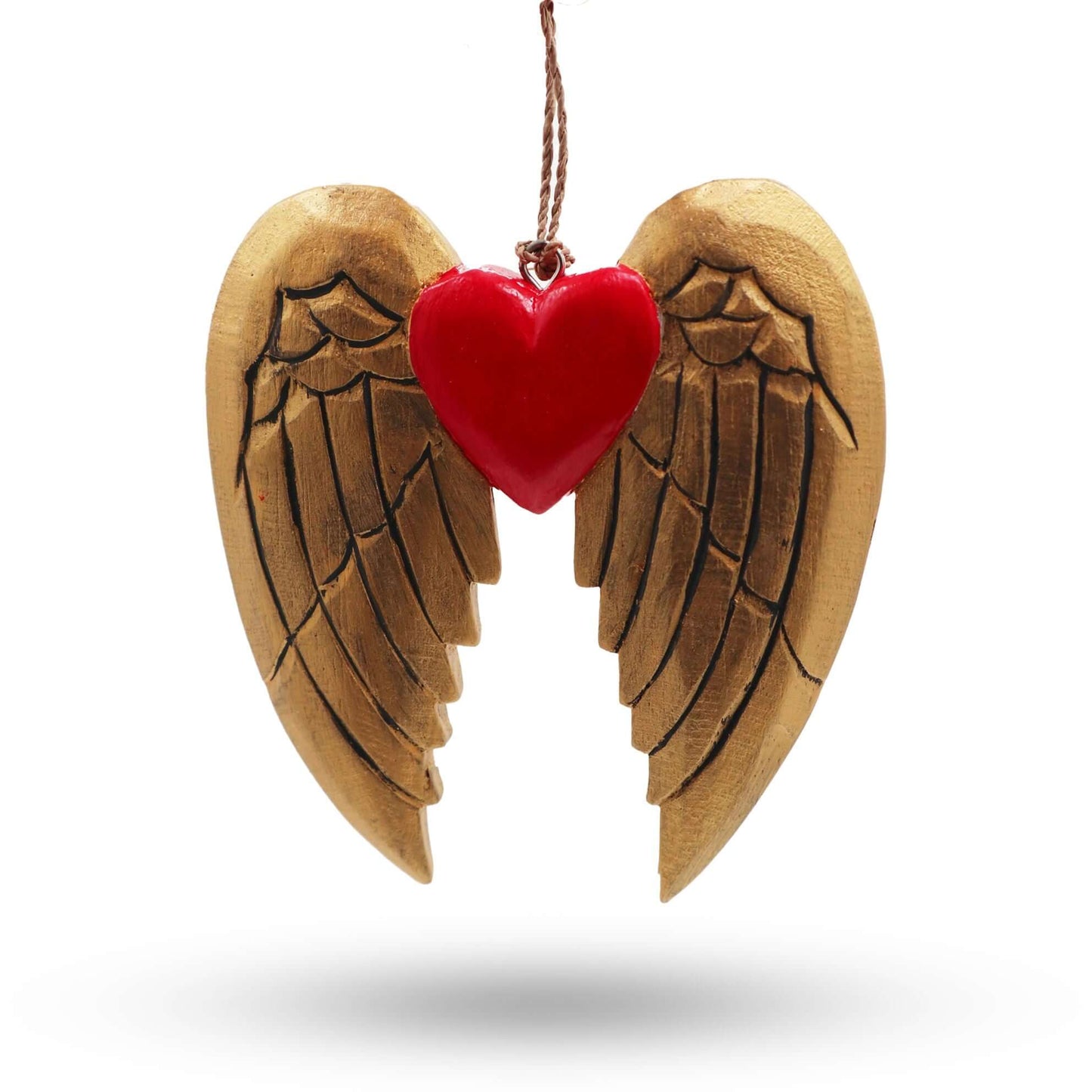 Gold Angel Wing Ornament With Red Heart & Black Detail, handcrafted decorative piece for festive décor.