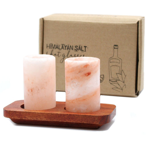 Set of 2 Himalayan Salt Shot Glasses with Wood Serving Stand – Himalayan salt tequila gift set