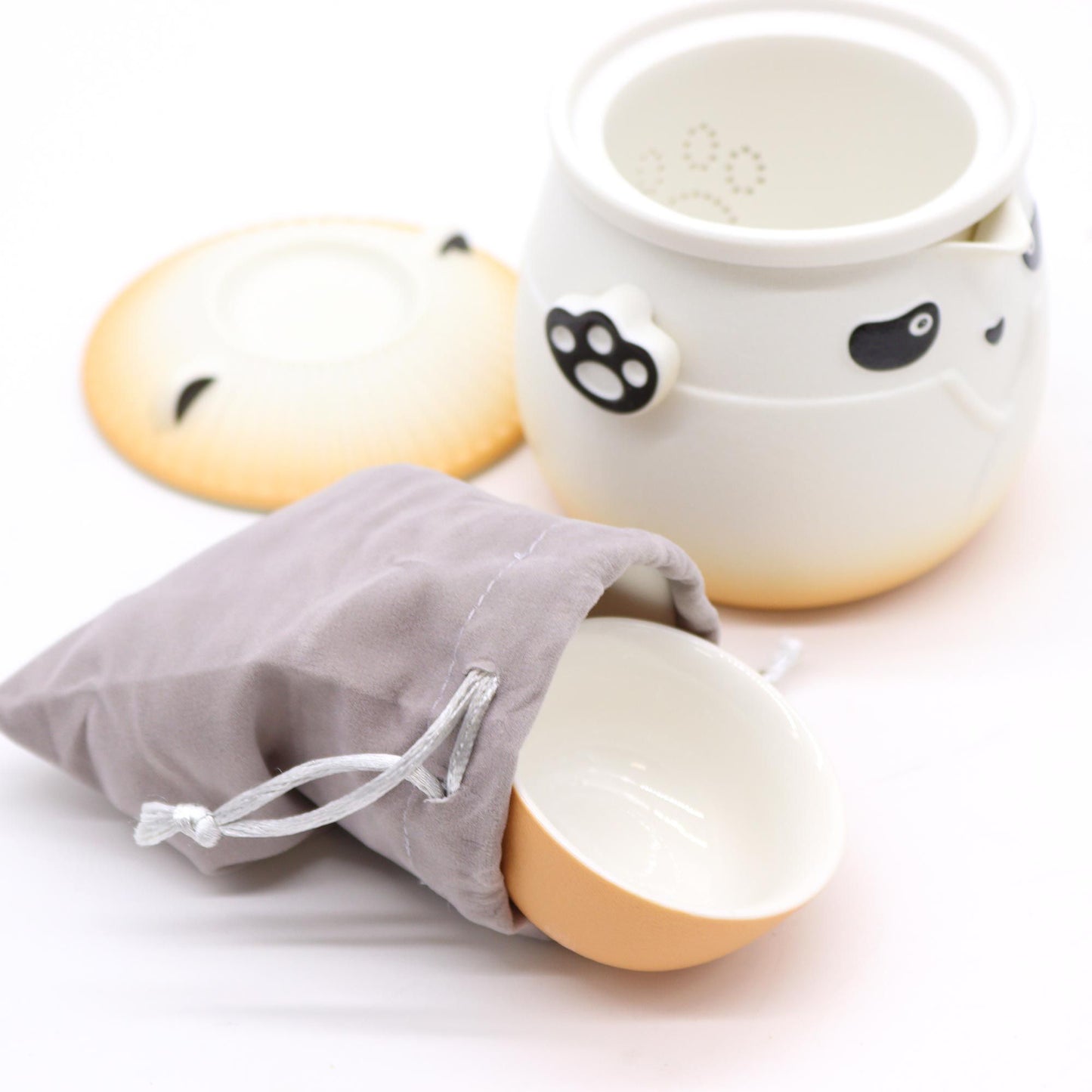 Panda Teapot Set & Three Cups - Orange ceramic tea set with panda design and storage pouch