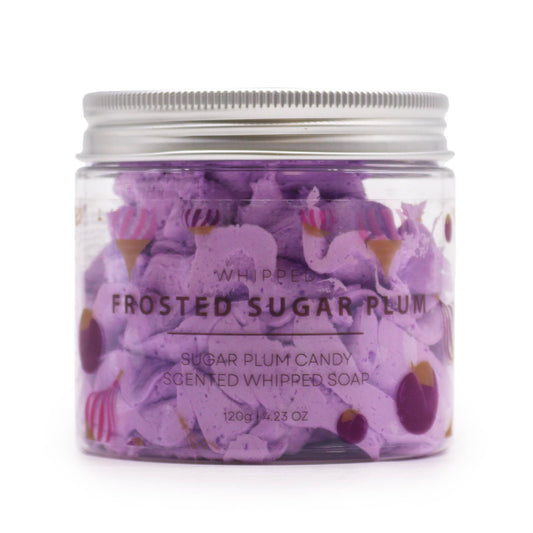 Frosted Sugar Plum Whipped Soap 120g in clear jar, purple scented whipped soap with candy graphics.