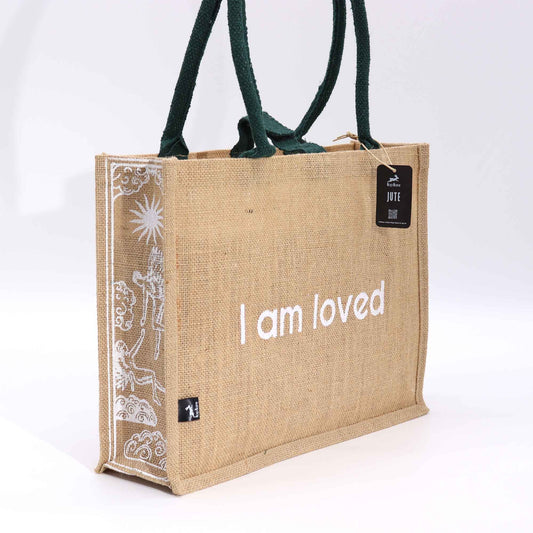 Hop Hare Jute Big Bag - I am Loved; natural jute tote with white tarot Cupid design, green handles and Hop Hare tag